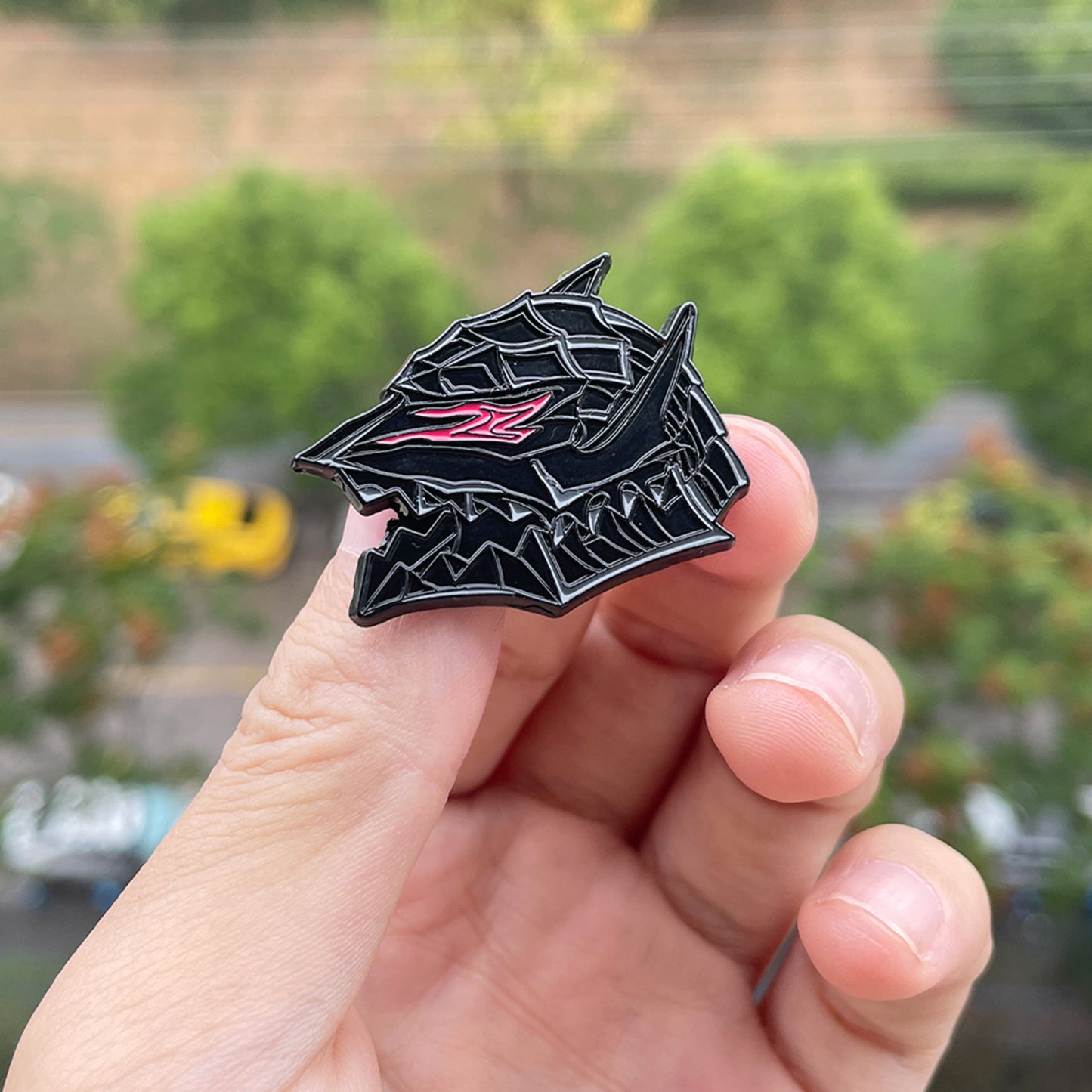 Dark Warrior Armor Enamel Pin – Fierce Eye & Beast Helmet Design